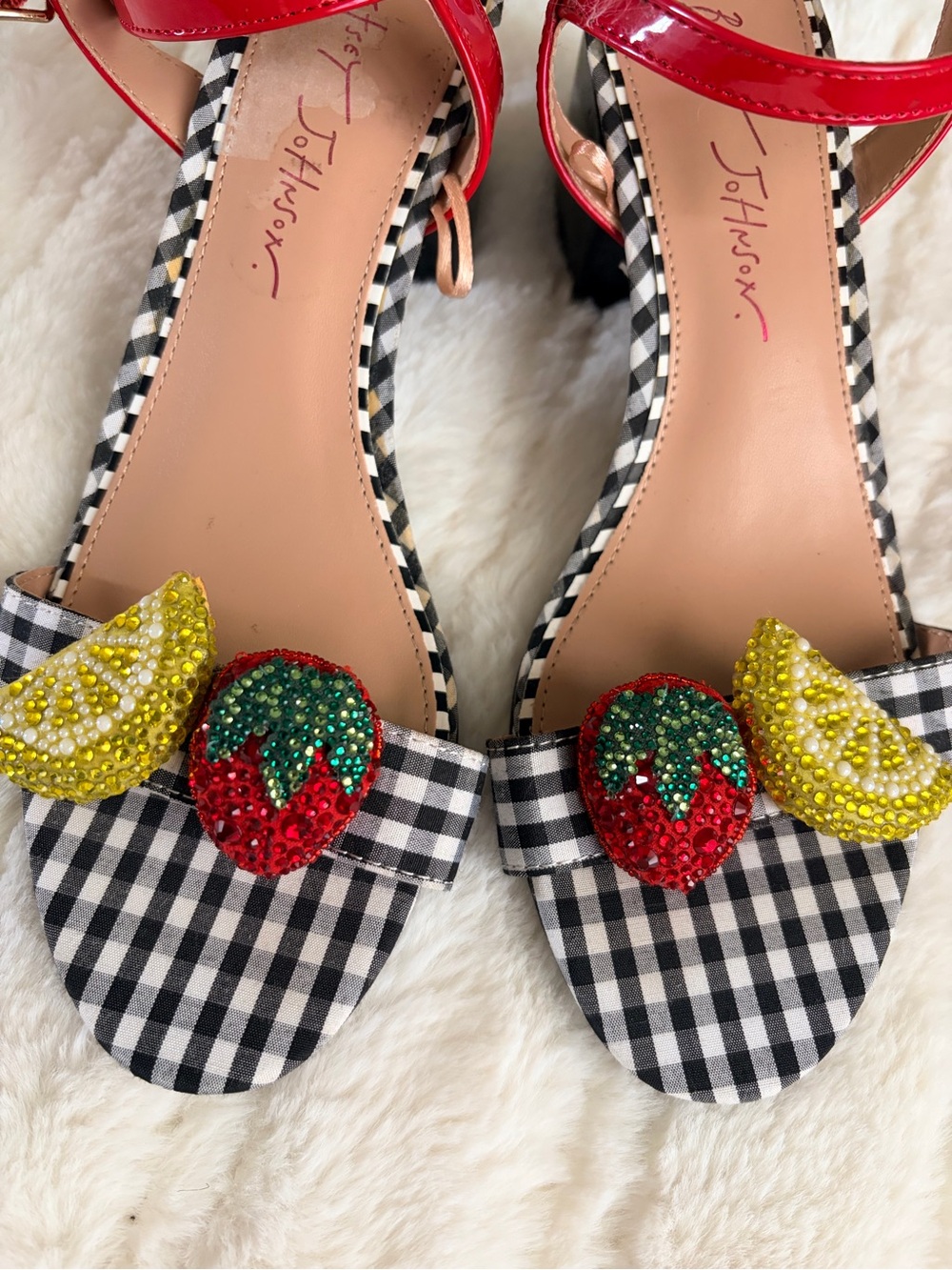 BETSEY JOHNSON Gingham Beaded Fruit Block Heel Sandals - Red - Picture 3 of 6